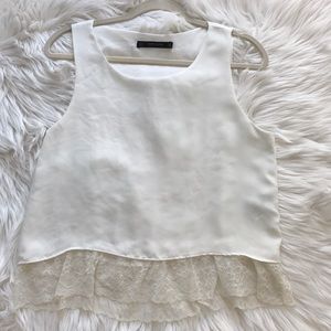 Zara White Poly and Lace Tank Top Blouse